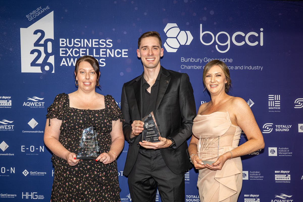 Enhanced Cleaning holding the 2026 Business of the Year, Business with 21+ Employees and Leading with Innovation awards at the Bunbury Geographe Business Excellence Awards