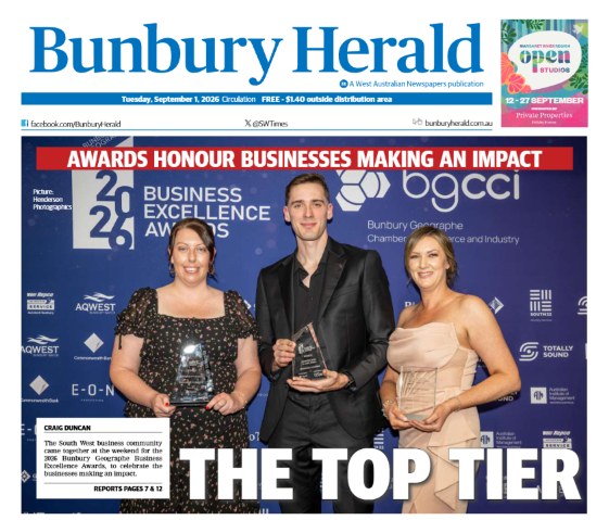 Bunbury Herald front page, 1 September 2026, featuring Enhanced Cleaning with their Business Excellence Awards trophies under the headline The Top Tier