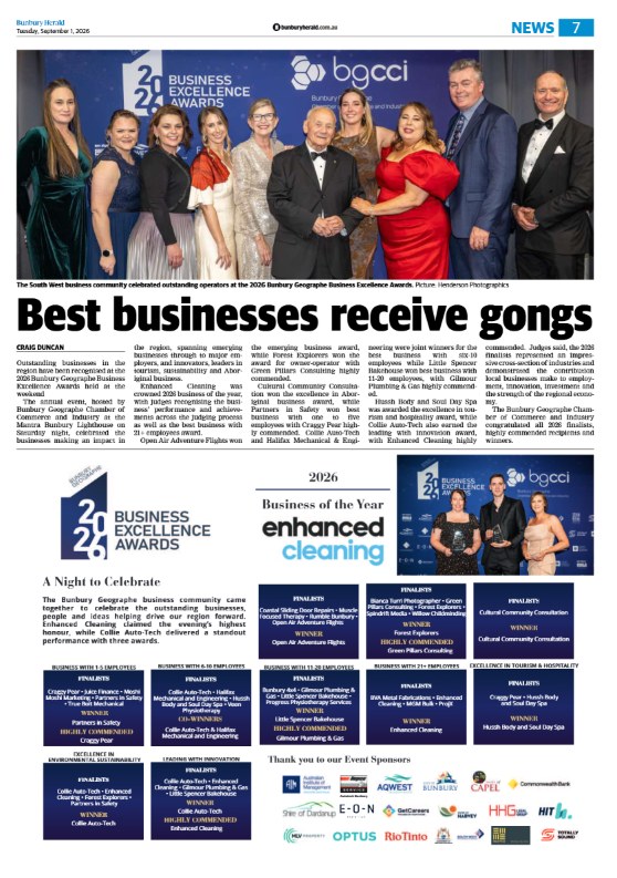 Bunbury Herald page 7 coverage of the 2026 Bunbury Geographe Business Excellence Awards listing Enhanced Cleaning as Business of the Year