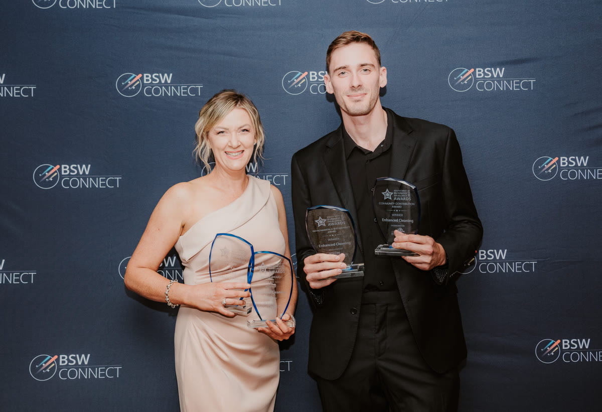 Enhanced Cleaning owners holding BSW Business of the Year awards